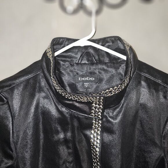 Bebe Studded Moto Jacket Womens Size Medium Black Satin Zip Up - Picture 2 of 10